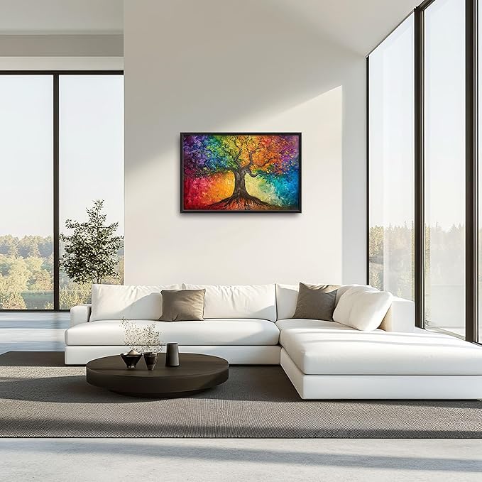 Colorful Tree Large Wall Art for Living Room Framed, Tree of Life Wall Decor Pictures, Canvas Print Painting, Aesthetic Artwork Bedroom Office Home Decor 36"x24"