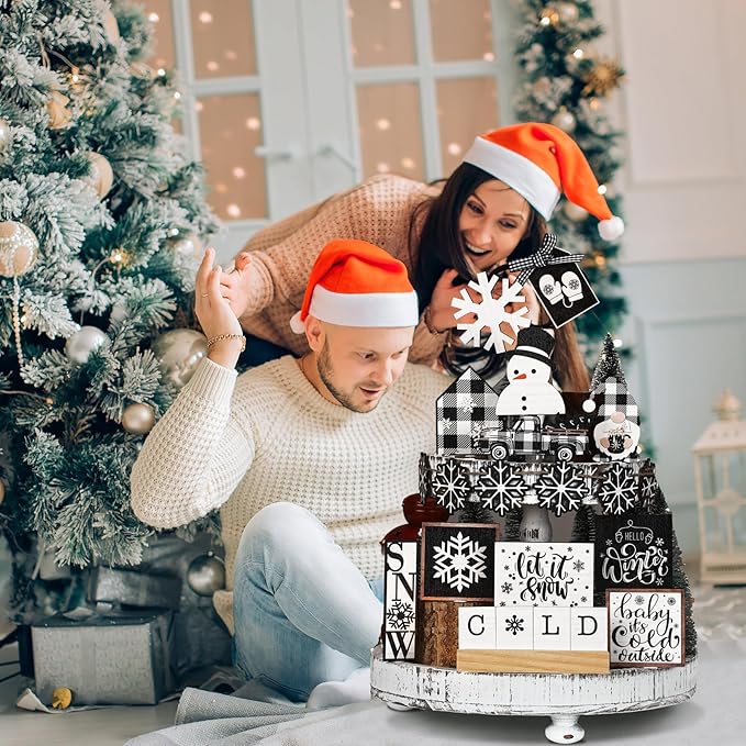 17 Pcs Christmas Tiered Tray Decor Set Winter Tiered Tray Decorations Farmhouse Tabletop Centerpiece Christmas Wooden 3D Sign for Xmas Home Buffalo Plaid Rustic Table Decoration(Cool)