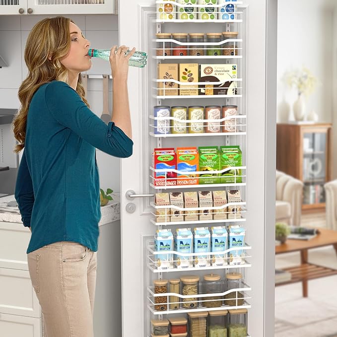 9-Tier Over The Door Pantry Organizer, Metal Pantry Organizers and Storage with Adjustable Basket, Spice Rack Seasoning Shelves, Over the Door Organizer for Pantry Kitchen Laundry, White