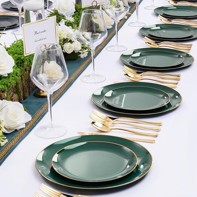 YOUBET 125PCS Green Plastic Plates - Green Disposable Plates With Gold Rim Include 25 Dinner Plate, 25 Dessert Plate, 75 Gold Plastic Cutlery for Party Wedding