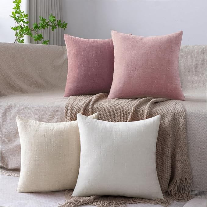 Set of 4 Soft Textured Decorative Throw Pillow Covers 18x18 Inch Cozy Farmhouse Cushion Cover Square Accent Pillow Cases for Bed Couch Sofa Living Room, Plum Pink