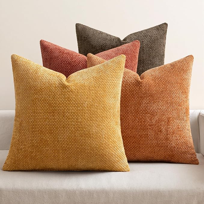 MIULEE Pack of 4 Fall Orange/Yellow Couch Throw Pillow Covers 18x18 Inch Yellow Green Soft Decorative Chenille Pillows Farmhouse Accent Cushions for Boho Home Decor Spring Sofa Bedroom Living Room