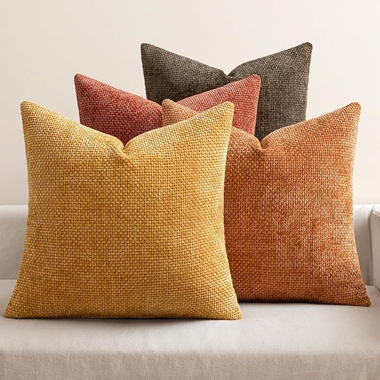 MIULEE Pack of 4 Fall Orange/Yellow Couch Throw Pillow Covers 18x18 Inch Yellow Green Soft Decorative Chenille Pillows Farmhouse Accent Cushions for Boho Home Decor Spring Sofa Bedroom Living Room