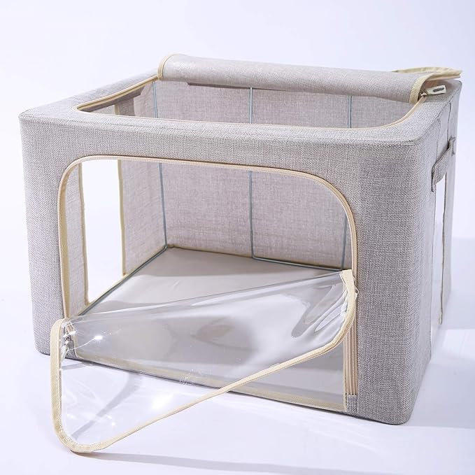 3Pack Foldable Storage Bins - Frame Storage Box Linen Fabric Stackable Clothes Container Organizer with Clear Window & Carry Handles Large Capacity (Large-66L, Light Grey)