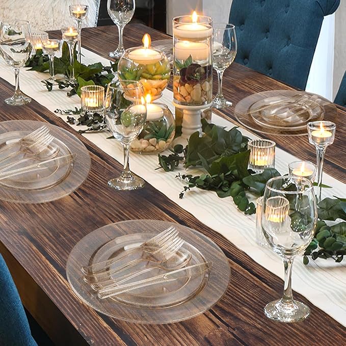 Goodluck 120PCS Gold Plastic Plates, Disposable Gold Glitter Plates, Heavy Duty 60pcs 10.25" Dinner Plates, 60pcs 7.5" Disposable Dessert Plates, Disposable Plates for Party, Wedding