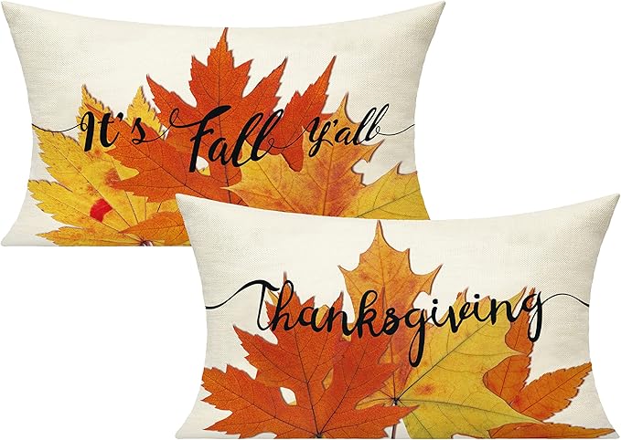 All Smiles Thanksgiving 12x20 Lumbar Throw Pillow Covers Set of 2 Fall Cushions Cases Decorations Outdoor Autumn Maple Leaves Orange Decorative Kitchen Home Decor Cushion for Sofa Porch Couch