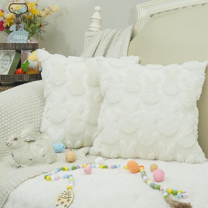 GEEORY Easter Bunny Soft Plush Pillow Covers, 18 x 18 Inch Set of 2, Fluffy Faux Fur Wool Decorative Farmhouse Cushion Case for Sofa Home Decoration Cream GC013-18