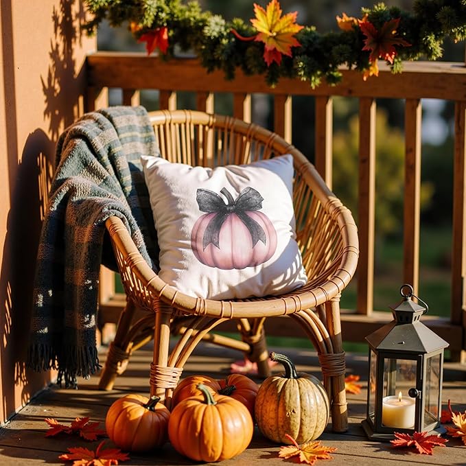 Coquette Pink Pumpkin Black Bow Fall Pillow Covers 18x18, Preppy Fall Decor, Pink Girly Pumpkin Autumn Decorative Throw Pillow Covers for Girls Room Home Dorm Bedroom Living Room