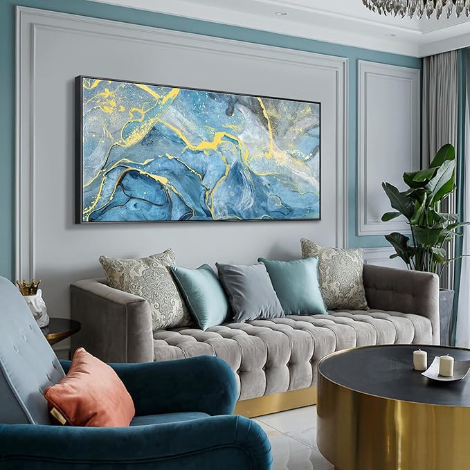 Large Black Framed Wall Art for Living Room Blue Abstract Seascape Canvas Print Modern Ocean Beach Theme Coastal Landscape Fluid Texture Painting Seaside Artwork Office Decor 30x60inch