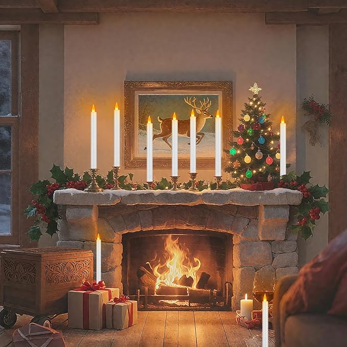 10" Flameless Taper Candles with Remote, Electric Led Candlesticks, Plastic Tall Taper Candles Battery Operated with Flickering Flame for Halloween Christmas Wedding Home Décor (White, 6 Pack)
