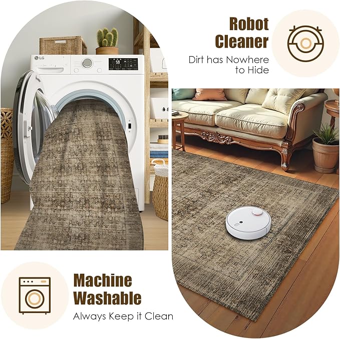Washable Area Rug 5' x 7' Vintage Traditional Persian Mat - Foldable Distressed Non-Slip Machine Washable Carpet for Living Room Bedroom Kitchen Home Decor - Mocha and Taupe