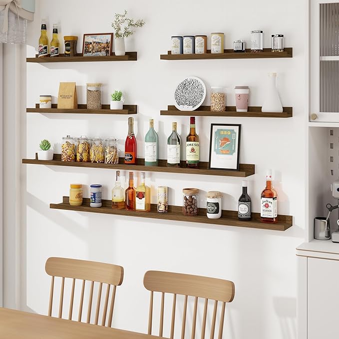 Axeman Picture Ledge Shelf, Floating Shelves for Wall Decor Storage Set of 6, 16 inch Floating Wall Mounted Shelves, Wall Shelves with Lip for Living Room, Bedroom, Nursery, Bathroom, Kitchen, Walnut