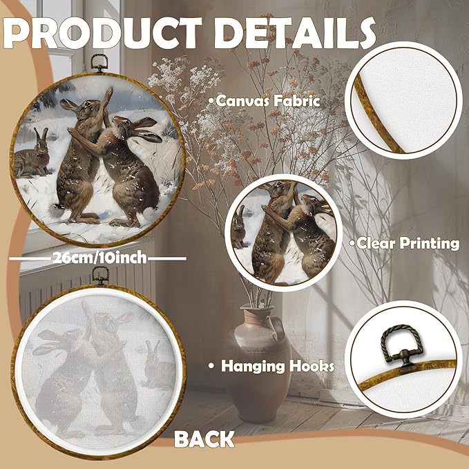 CUANFDDSF Vintage Winter Bunny Round Wall Art Decor, Rustic Cottagecore Rabbit Wall Hanging Frame Decor, Antique Winter Fighting Bunny Canvas Prints Decorations for Home Bedroom, 10x10 Inch