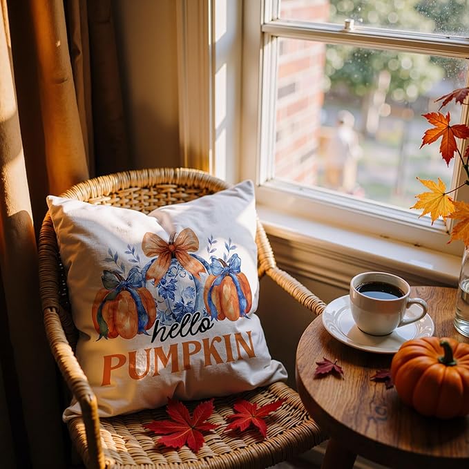 Chinoiserie Fall Pumpkin Pillow Covers 18x18,Autumn Decor,Blue and White Orange Chinoiserie Pumpkin Decorative Throw Pillow Covers for Home Bedroom Living Room