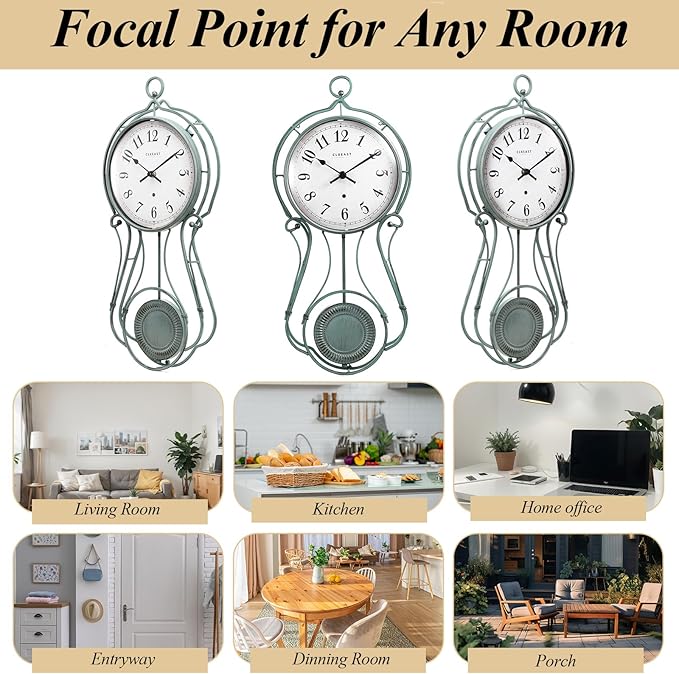 CLXEAST 20 Inch Metal Pendulum Wall Clock Battery Operated,Large Schoolhouse Wall Clocks for Living Room Decor,Antique Aged Teal Green Finish,House Warming Gifts New Home