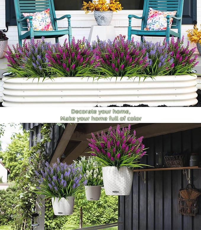 Artificial Outdoor Flowers UV Resistant Fake Outdoor Plants, Fake Monkey Grass with Flowers,Faux Greenery for Indoor Outside Hanging Plants Garden Porch Window Box Home Wedding Farmhouse Décor(Purple)