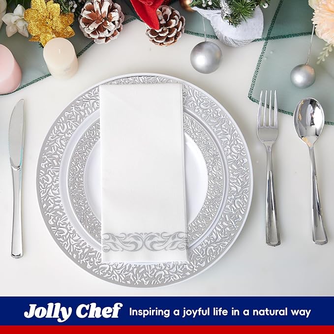 πππ Count Silver Plastic Dinnerware, Silver Disposable Plates, Includes 30 Dinner & 30 Dessert Plates & 30 Cups & 30 Paper Napkins & 30 Plastic Silverware Set