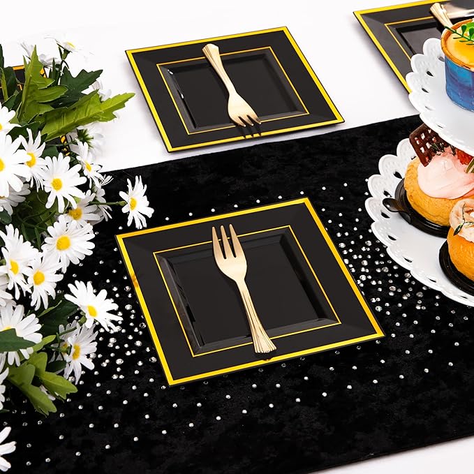 WDF 200PCS Black and Gold Plastic Dessert Plates with Plastic Forks -6’’ 100 Square Disposable Appetizer Plates Small Plate Cake Plate with Gold Rim for Halloween