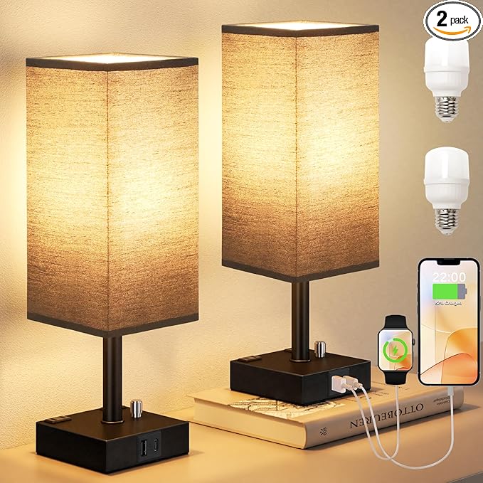 Black Fully Dimmable Nightstand Lamps Set of 2 - Table Bedside Lamp with USB C+A Charging Ports & 2 AC Outlets, Square Lamp Sets Linen Fabric Shade for Bedroom Living Room(Bulb Included)