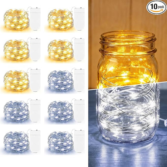 10 Pack Fairy Lights Battery Operated - 7ft 20 LED Twinkle Lights Copper Wire Mini String Lights Firefly Lights for Mason Jars DIY Crafts Christmas Centerpiece Table Decor, Warm White & Cool White