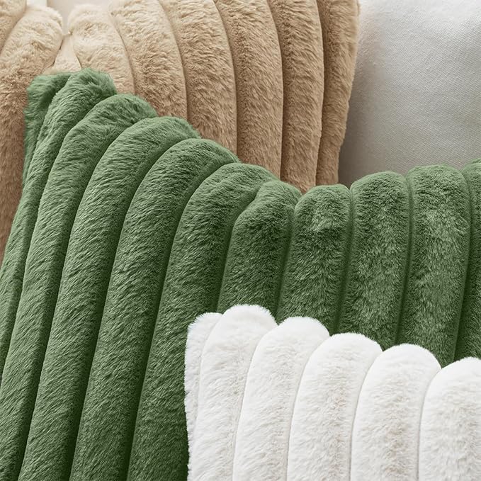 MIULEE Faux Fur Large Decorative Throw Pillow Covers 24x24 Inch Set of 2, Modern Spring Home Decor Soft Plush Couch Pillows Cozy Fluffy Cushion Covers for Sofa Bed Moss Green