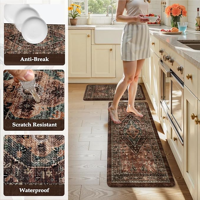 KIMODE Kitchen Mats for Floor Cushioned Anti Fatigue, Floral Kitchen Rugs Sets of 2, Brick Rugs for Kitchen Floor, Comfort Kitchen Floor Mats, Ergonomic Standing Desk Mat for Sink Laundry
