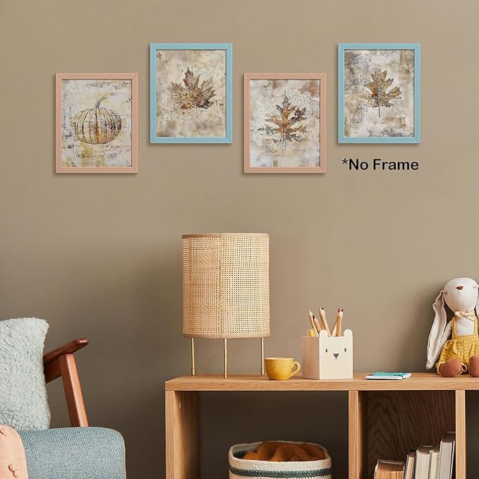 TLESKE Vintage Fall Leaves Pumpkin Posters Prints Unframed 8x10 Set of 4, Autumn Rutsic Maple Oak Leaf Wall Art Prints Decor for Farmhouse Bedroom Living Room, Thanksgiving Wall Pictures