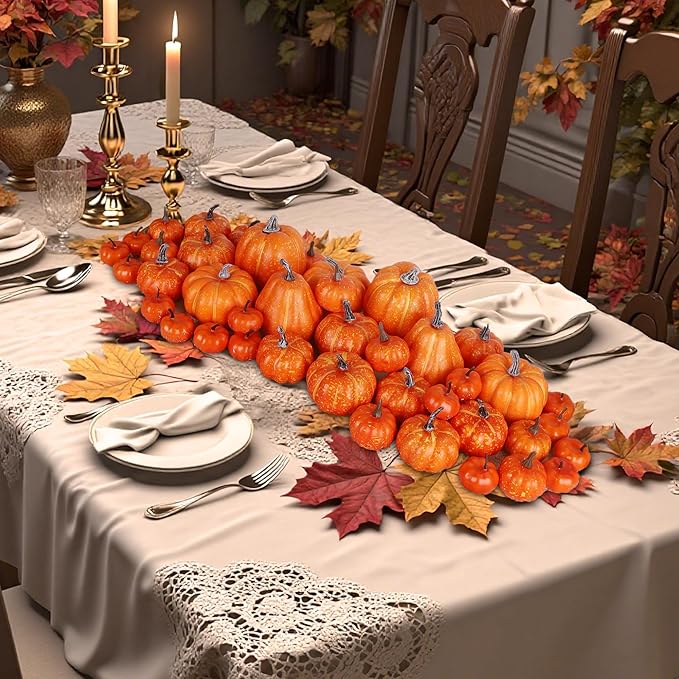 winemana 46 Pcs Assorted Size Artificial Pumpkins Fall Decorations, Orange Foam Pumpkin Autumn Decor, Decorative Faux Pumpkin for Harvest Thanksgiving Table Centerpiece Mantle Bowl Wedding Party