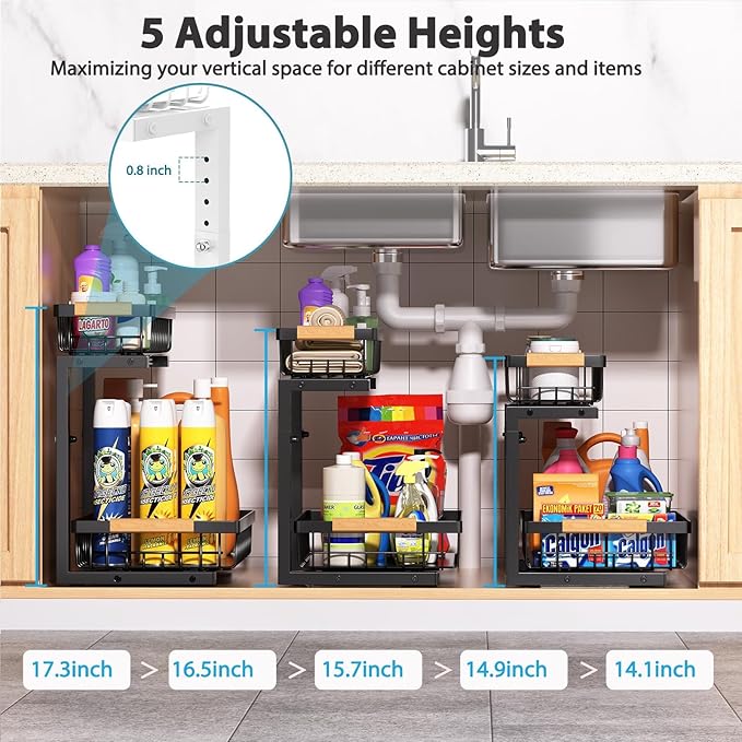 Under Sink Organizer Storage 2 Pack, 2 Tier Slide Out Height Adjustable Pull Out Cabinet Organizer Drawer for Kitchen Bathroom Large Under Sink Shelf Rack Caddy for Pantry, Black