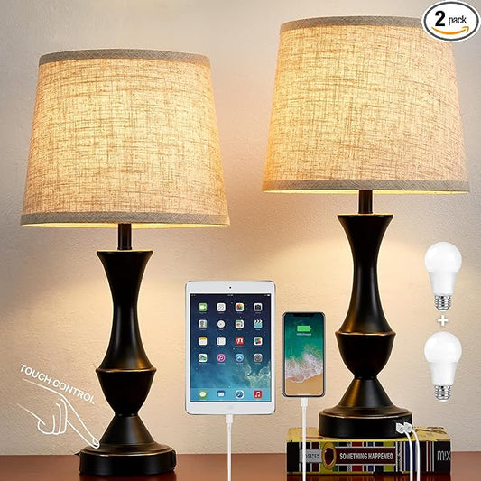 Upgraded Touch Table Lamps Set of 2, 22" Tall Bedside Lamps with USB C+A Ports, 3 Way Dimmable Nightstand Lamps for Bedroom, Living Room, Office, Black Lamp with Beige Lampshade, Bulb Included