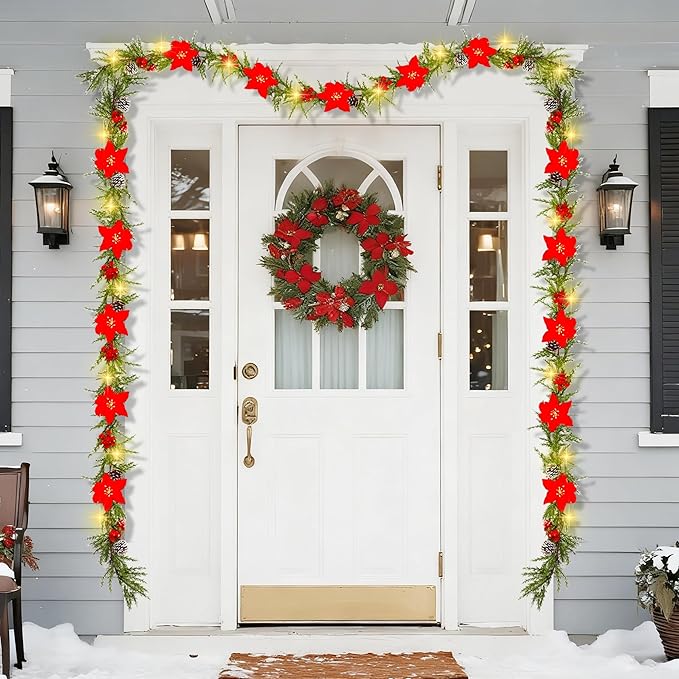 DR.DUDU 9 FT Pre-lit Artificial Christmas Garland with 30 LED Lights, Battery Powered with Pine Cones, Red Berries, Pine Needles, Lighted Christmas Wreath for Holiday Party, Xmas Tree Decorations