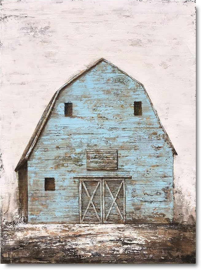 Yihui Arts Modern Abstract Farmhouse Wall Art Hand Painted Teal and Blue Barn Painting Pictures for Living Room Decoration