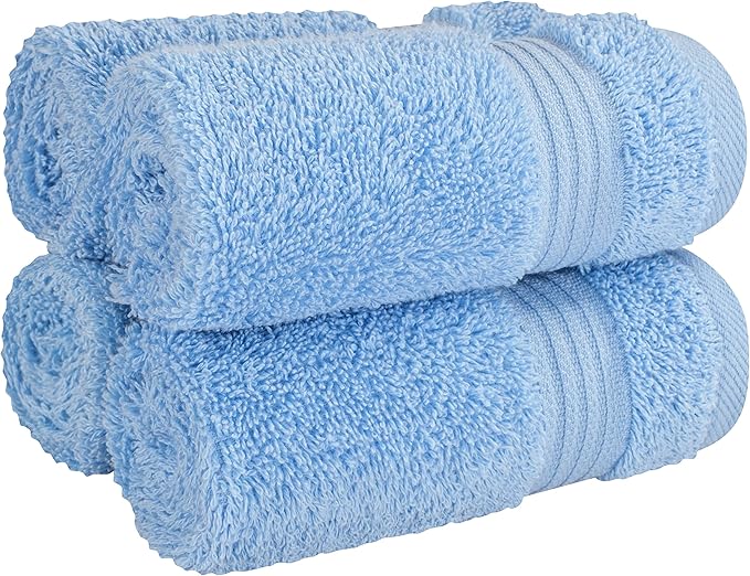 Cotton Paradise 100% Cotton Turkish Washcloth Set for Bathroom, 4 Piece Soft Absorbent Small Hand Face Towels Wash Rags, Sky Blue