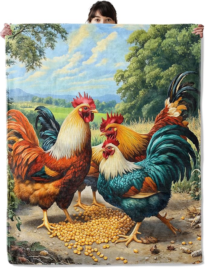 Colorful Rooster Blanket, Cozy Flannel Vibrant Chicken Pecking Corn Throw Blanket, Soft Fuzzy Blankets for Travel Decor, All Season Lightweight Couch Bed Cover, Gifts for Women Kids 40"×50"