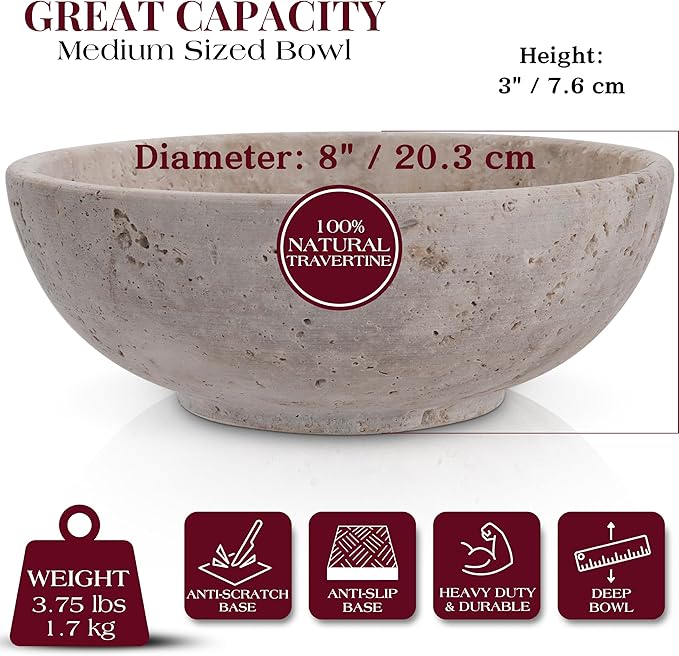 Gusto Nostro 8" Decorative Travertine Bowl for Coffee Table - Elegant Centerpiece, Aesthetic Fruit Bowl for Kitchen Counter - Heavy Stone Entryway Catch all, Jewelry, Potpourri - Travertine Decor