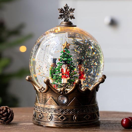 Nutcracker Snow Globe, Musical Crown Water Lantern with Swirling Glitter with Swirling Glittering Christmas Home Decoration and Gift, Battery Operated or USB Powered