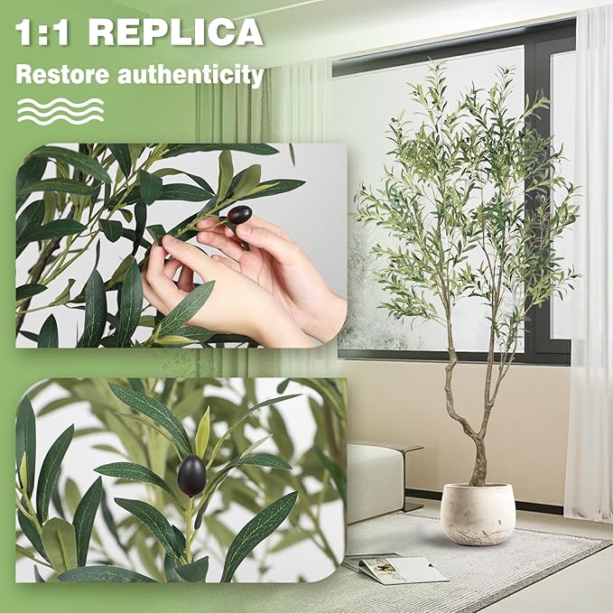 Faux Olive Tree 7.55ft(90in) Tall Artificial Plant Indoor Decor Large Realistic Potted Fake Modern Greenery with Natural Wood Branches and Green Leaves for Home Living Room,Bedroom,Office Decor