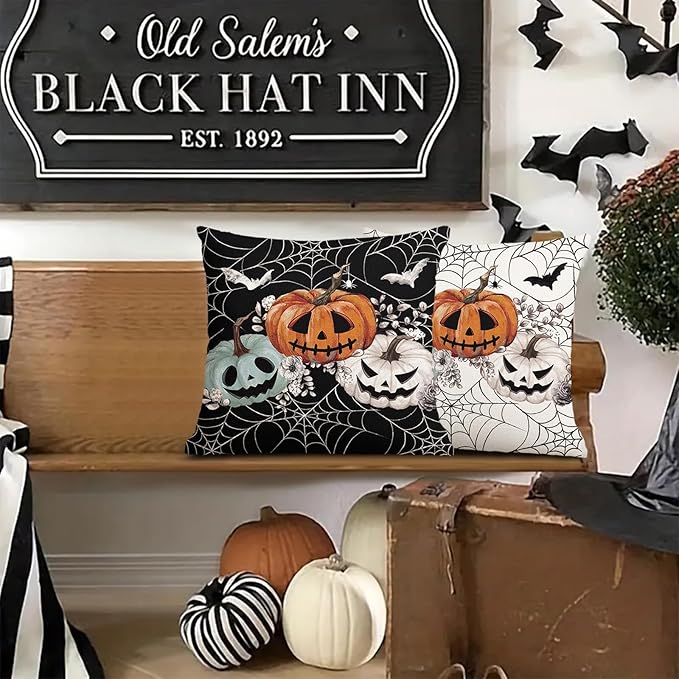 Baccessor Halloween Pillow Cover 18x18 Inch, Black Pumpkins Bats Spider Web Pillow Case Halloween Decor for Cushion Sofa Couch Indoor Outdoor Decoration 1 Piece