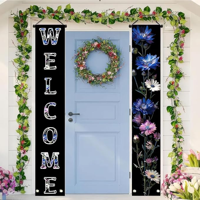 2pcs Welcome Summer Door Banner Colorful Daisy Porch Banners Sign Cornflower Floral Front Door Hanging Decor Banner for Seasonal Home Hawaii Tropical Party Outdoor Decorations