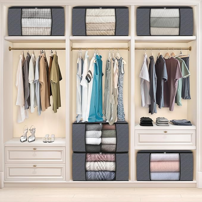 Fab totes 8 Pack Clothes Storage, Foldable Thick Fabric Blanket Storage Bags, Containers for Organizing Bedroom, Closet, Clothing, Comforter,Closet Organization with Handle,Grey