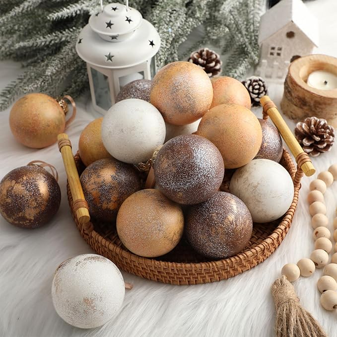 12 Pcs Neutral Textured Christmas Ball Ornaments 2.36'' Vintage Christmas Tree Decor Modern Rustic Brown Ornaments with Loop Shatterproof Hanging Ball for Xmas Farmhouse Decor (Light Brown)