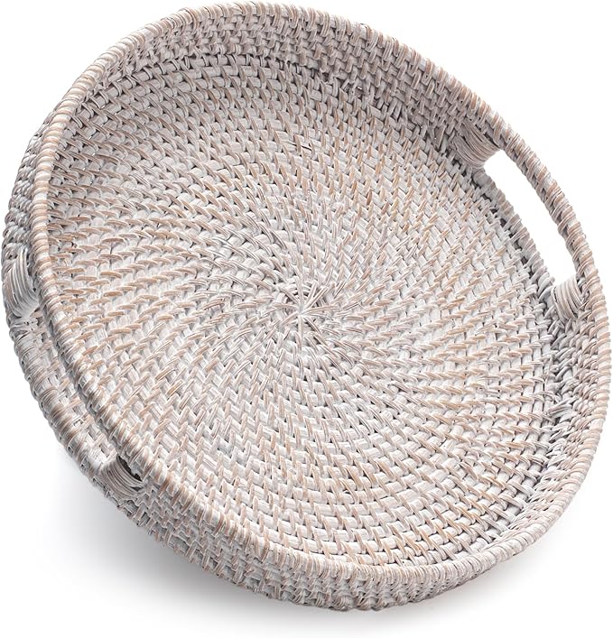 11.8 inch Round Rattan Tray, Decorative Coffee Table Trays, Ottoman Tray, Woven Serving Tray with Handles, Wicker Serving Basket, Whitewash