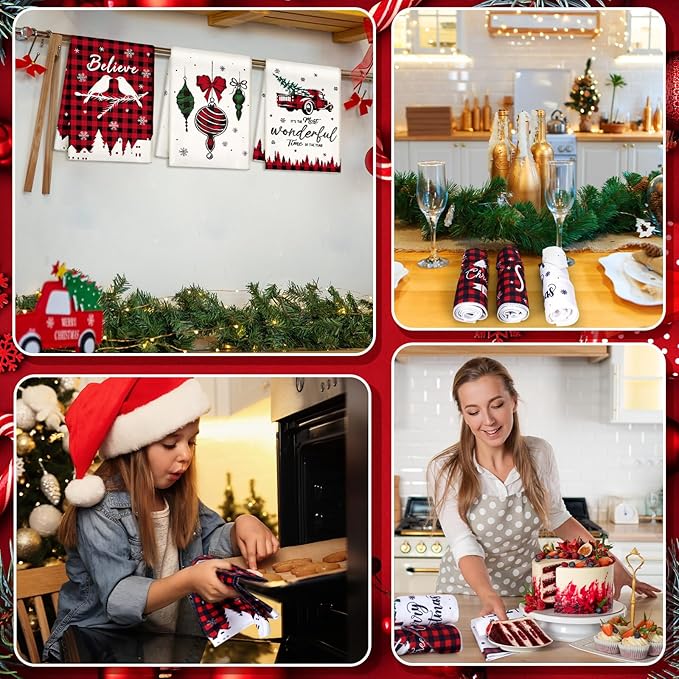 12 Pcs Christmas Kitchen Towels and Dishcloths Absorbent Christmas Tree Reindeer Truck Hand Dish Towels Decoration for Xmas Home Gift Supplies, 14.2 x 21.3 Inch(Buffalo Plaid)