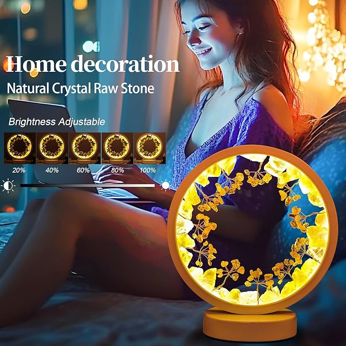 Runyangshi Natural Crystal Citrine Small Tree Round White Frame Tri-Color Ambient Light Home Decoration Night Light Healing Decor Gift