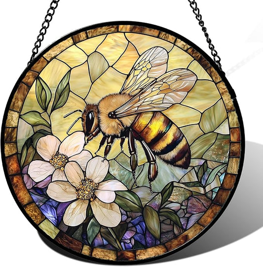 Stained Glass Window Hanging, Vintage Bee Yellow Flower Sun Catcher for Window Door Home Decor Suncatcher Christmas Mother's Day Birthday Gifts for Women Men Mom and Nana 9.8 in