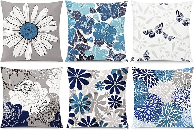 COMMINY Blue Grey Pillow Covers 18x18 Set of 6 Decorative Daisy Flower Throw Pillow Cover for Couch Modern Pillow Case for Patio Living Room Cushion Bed Farmhouse Home Decor