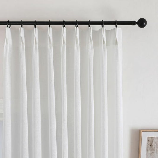 Off White Semi Sheer Pinch Pleated Curtains 96 Inches Long 2 Panels, 50 Inches Width, Rustic Linen Look Light Filtering Drapes, Modern Farmhouse Window Curtain with Hooks