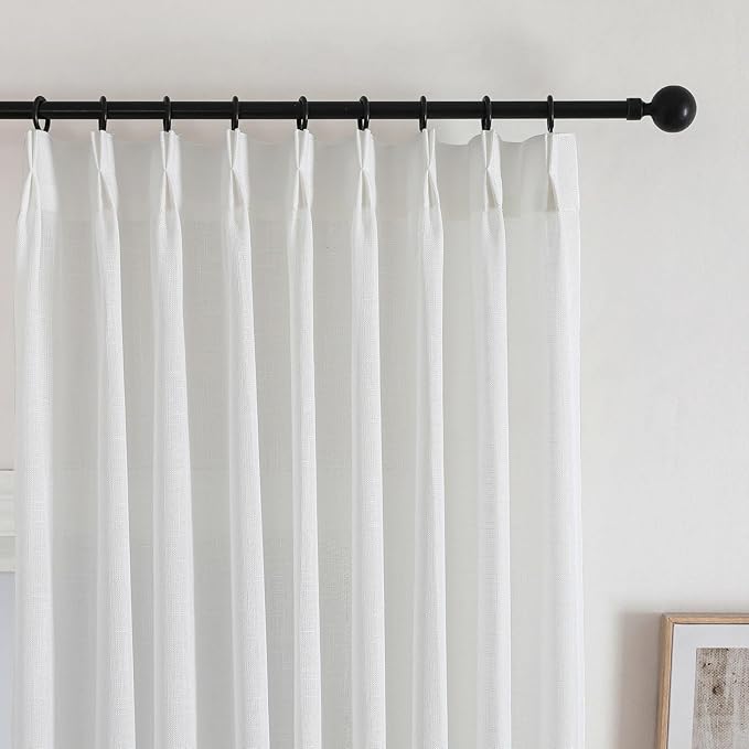 Off White Semi Sheer Pinch Pleated Curtains 84 Inches Long 2 Panels, 50 Inches Width, Rustic Linen Look Light Filtering Drapes, Modern Farmhouse Window Curtain with Hooks