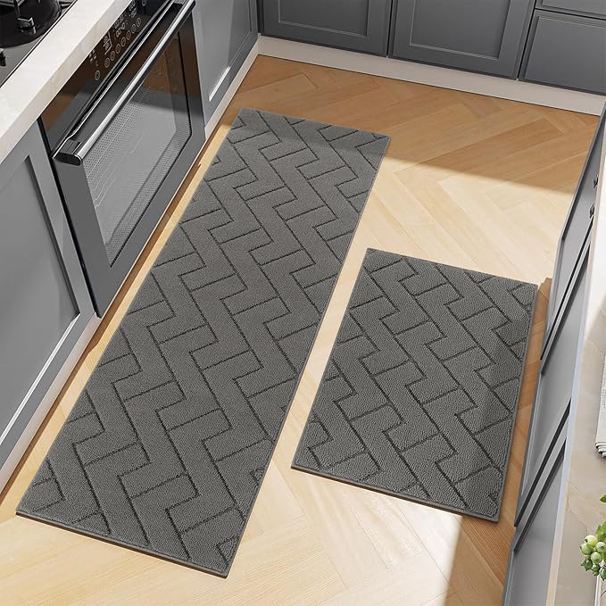 hicorfe Kitchen Rugs and Mats Sets,2 Pieces Super Absorbent Polypropylene Non-Slip Rug,Soft Comfort Floor Mat,Washable for Kitchen,Hallway,Office,Sink,Laundry(24" x 35"+24" x 71",Grey)