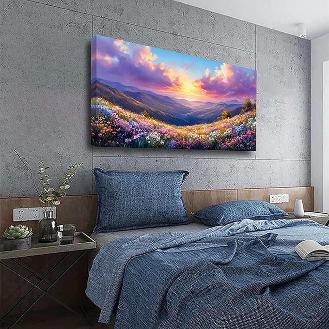 Purple Oil Painting Landscape Wall Art Bedroom Wall Decor Living Room,Purple Abstract Clouds Canvas Wall Art Office Artwork Modern Colorful Flowers Mountain Scenery Wall Art Prints Pictures 20 * 40in
